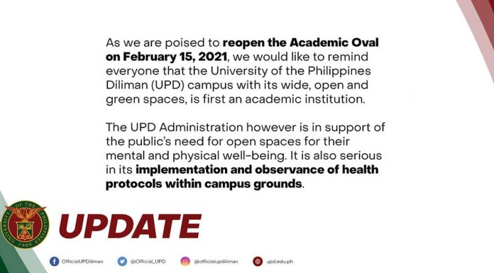 UP Academic Oval re-opens on Feb 15 with new Health Guidelines