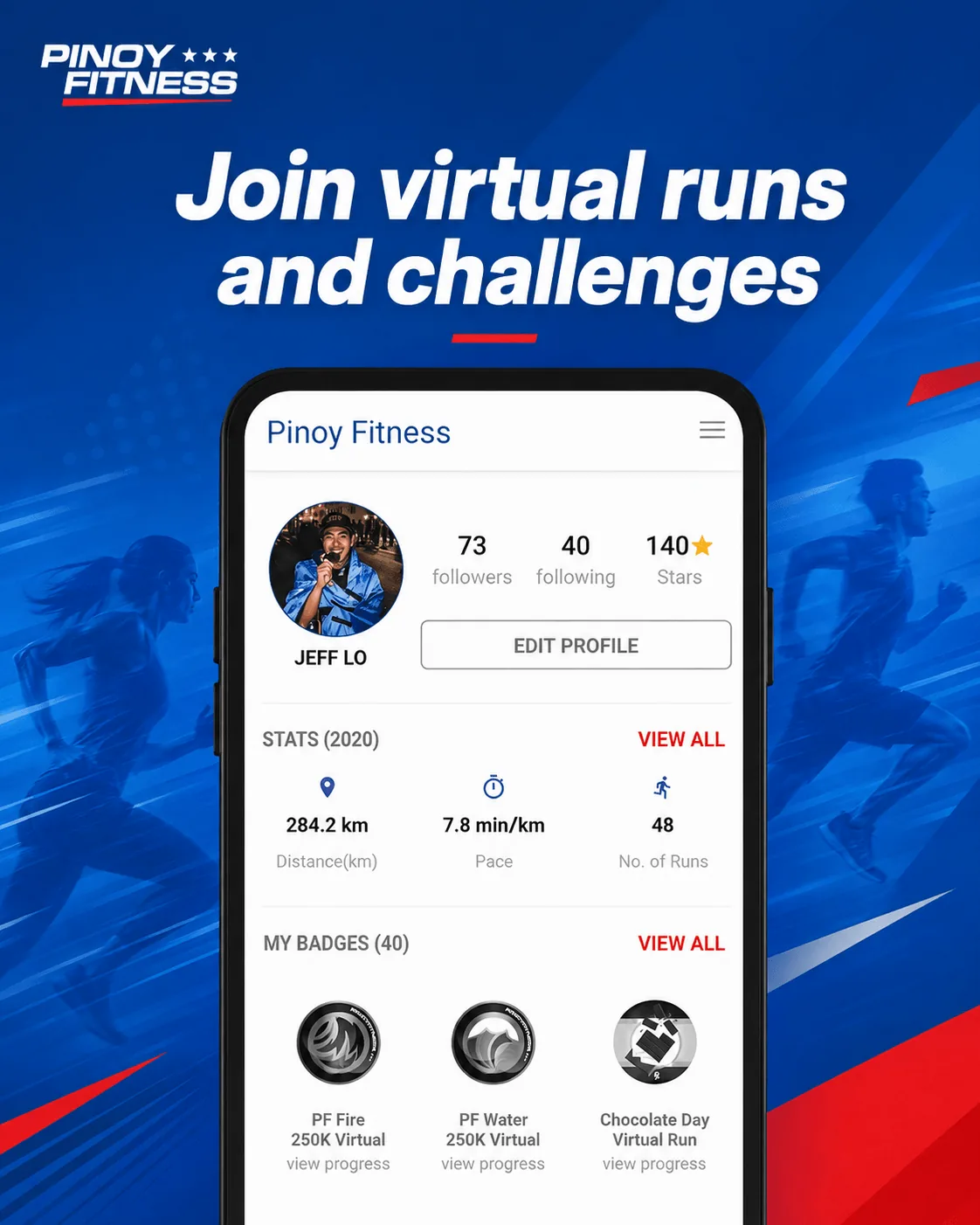 PF Mobile app showing virtual run stats and badges