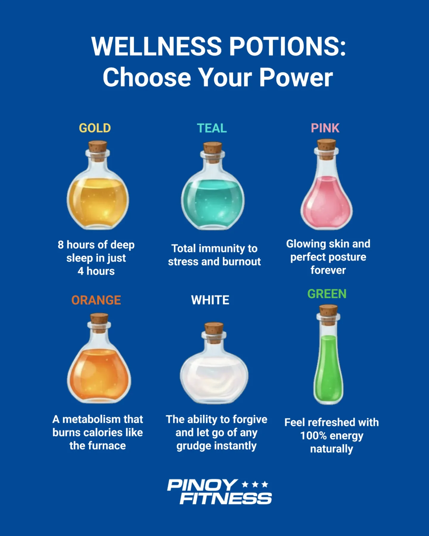 Pinoy Fitness “Wellness Potions” meme featuring six imaginary powers: better sleep, immunity to stress and burnout, glowing skin and perfect posture, faster metabolism, instantly letting go of grudges, and having 100% natural energy.