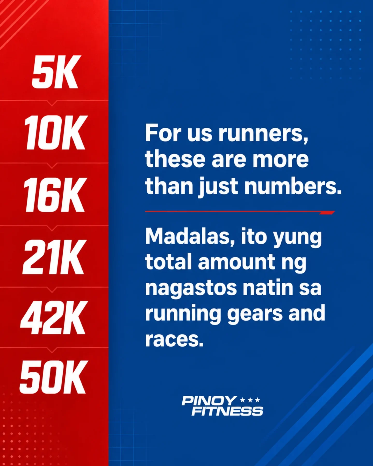 Pinoy Fitness meme showing 5K, 10K, 16K, 21K, 42K, and 50K beside a joke about how runners sometimes see these numbers as the amount they have spent on running gear and races.
